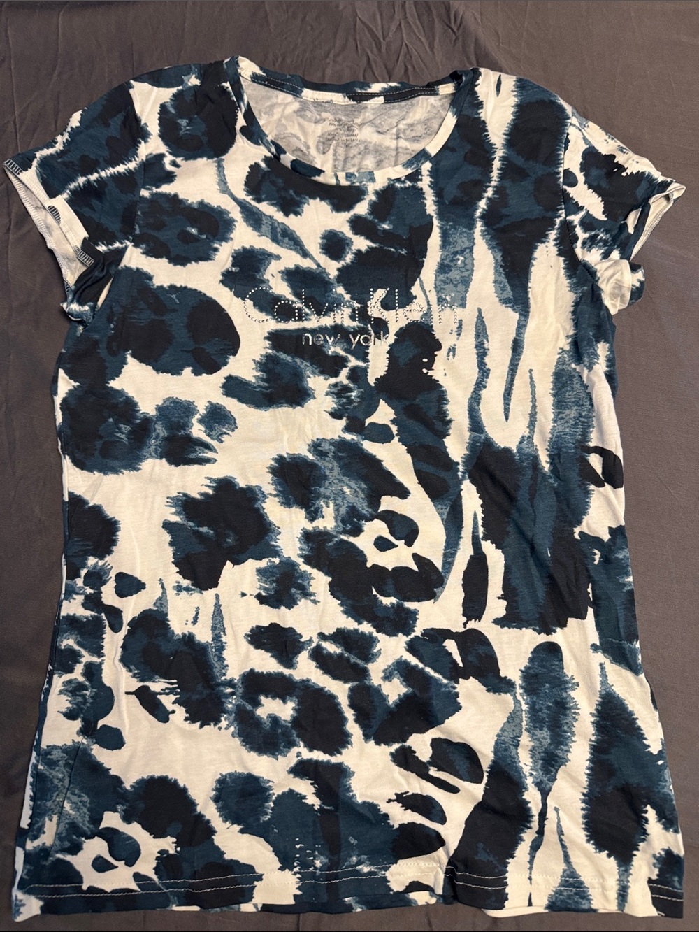 Calvin Klein Blue and White Tie-Dye Animal Print Short Sleeve Tee